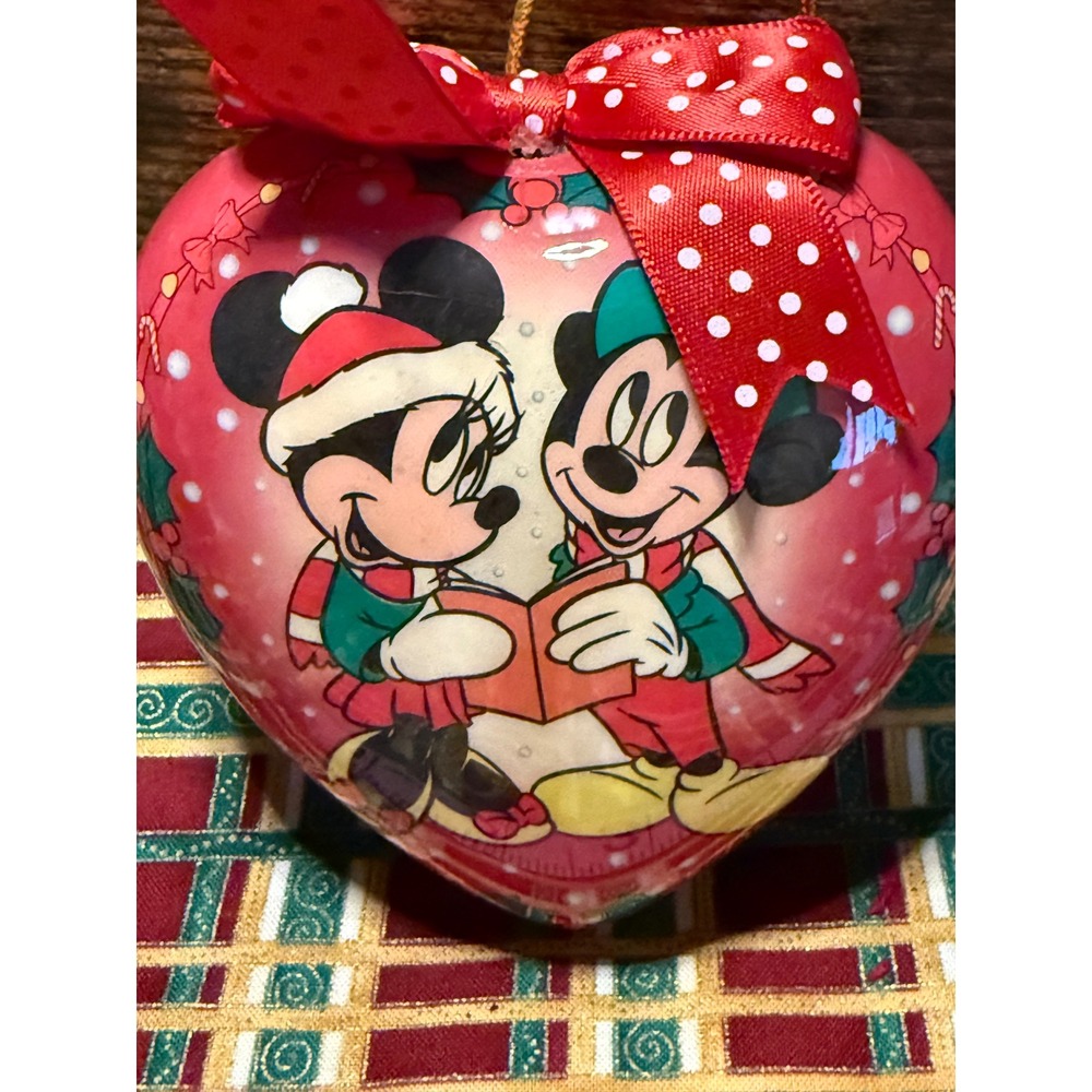 Disney Mickey Minnie Mouse Heart Christmas Ornament Red Polka Dot Bow Caroling